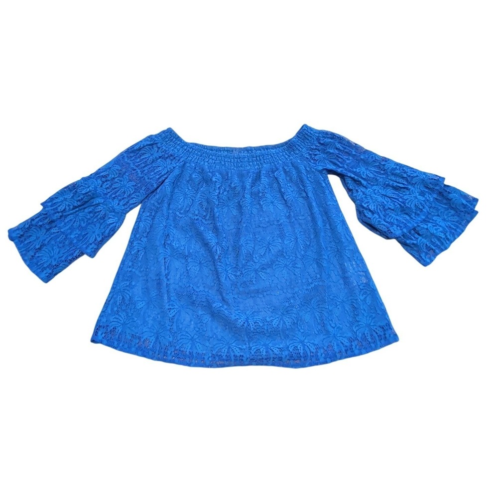 Lilly Pulitzer Tobyn Off Shoulder Top Blue Palm Tree Lace Women's Sz Large EUC